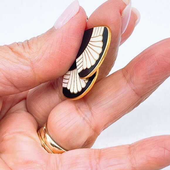 Vintage Laurel Burch Fan Earrings Black & Gold Tone Enamel Dangle - Picture 6 of 7